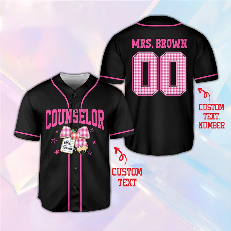 Personalized Grade And Name Pencil Bow Gingham Teacher Baseball Jersey Secondary image