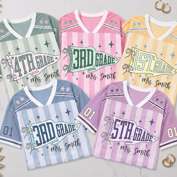 Personalized Grade And Name Striped Pennant Bow Star Teacher Mesh Jersey Secondary image