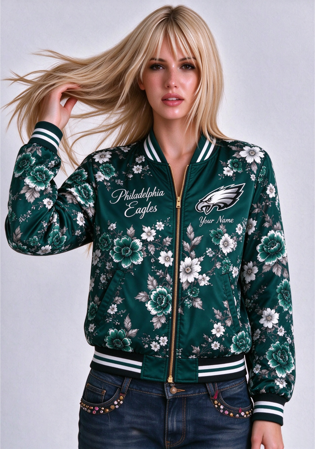 Women Philadelphia Eagles Floral Print Zip Up Jacket Custom Name For Fan Main image