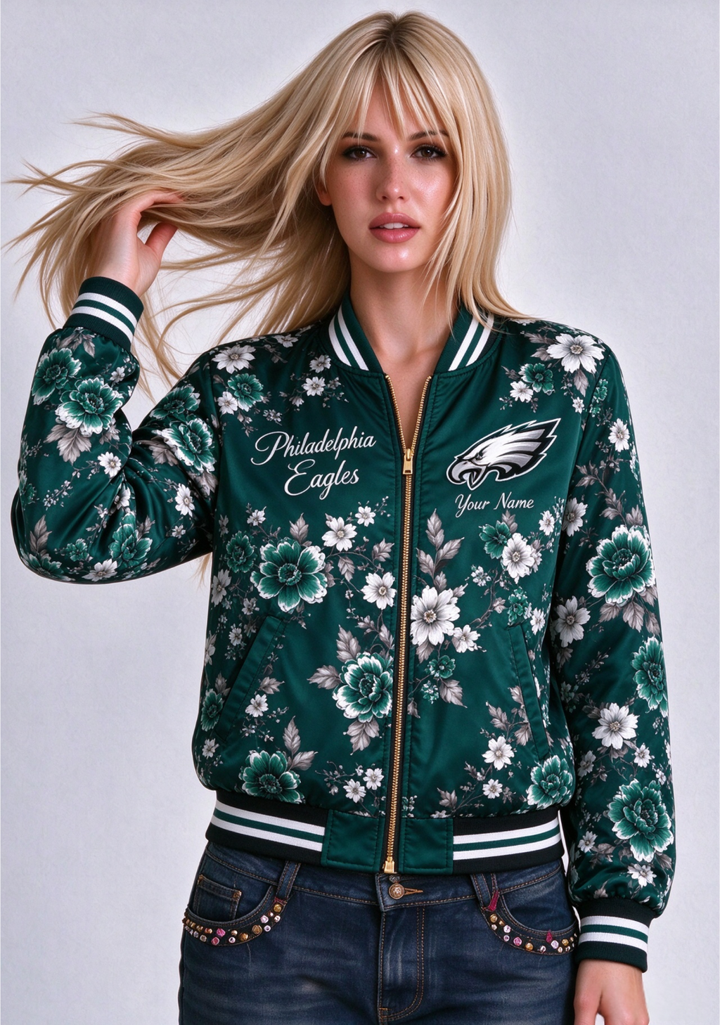 Women Philadelphia Eagles Floral Print Zip Up Jacket Custom Name For Fan