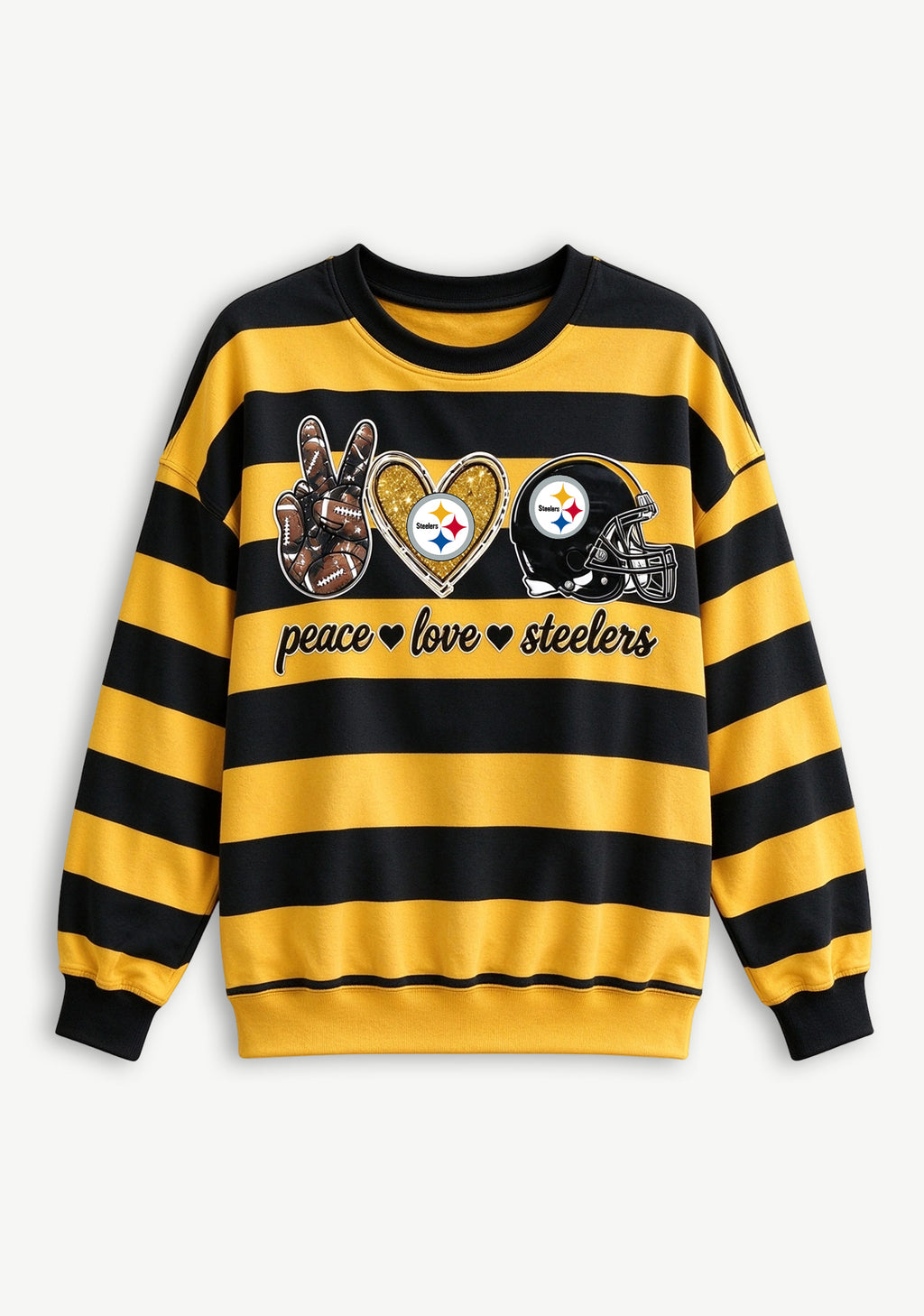 Women's Peace Love Pittsburgh Steelers Striped Crewneck Sweatshirt