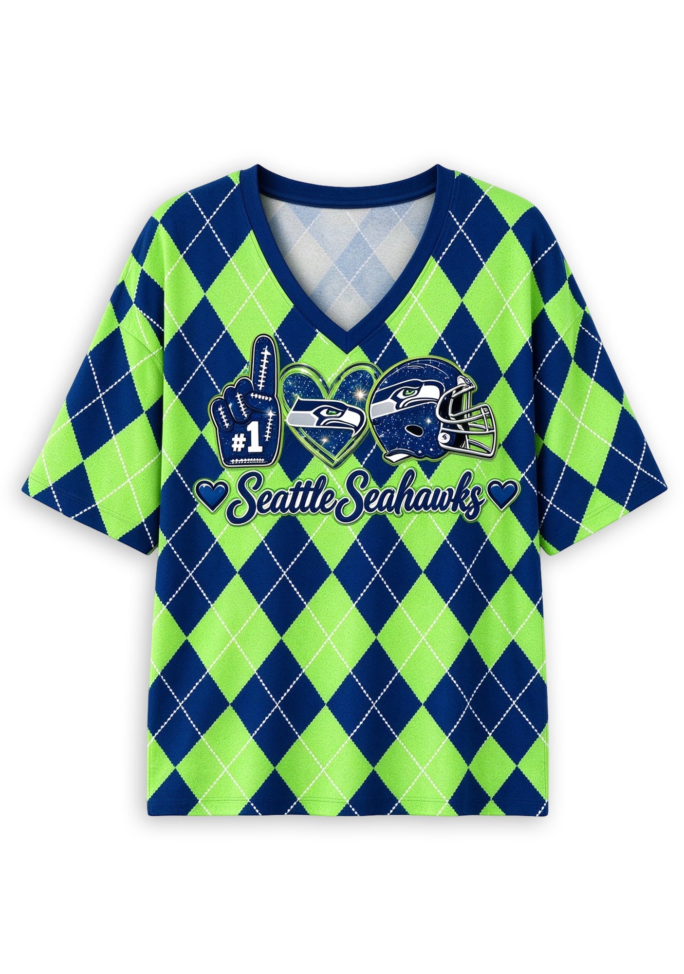 Women's Seattle Seahawks Argyle #1 Fan Heart Helmet V-Neck T-Shirt Secondary image