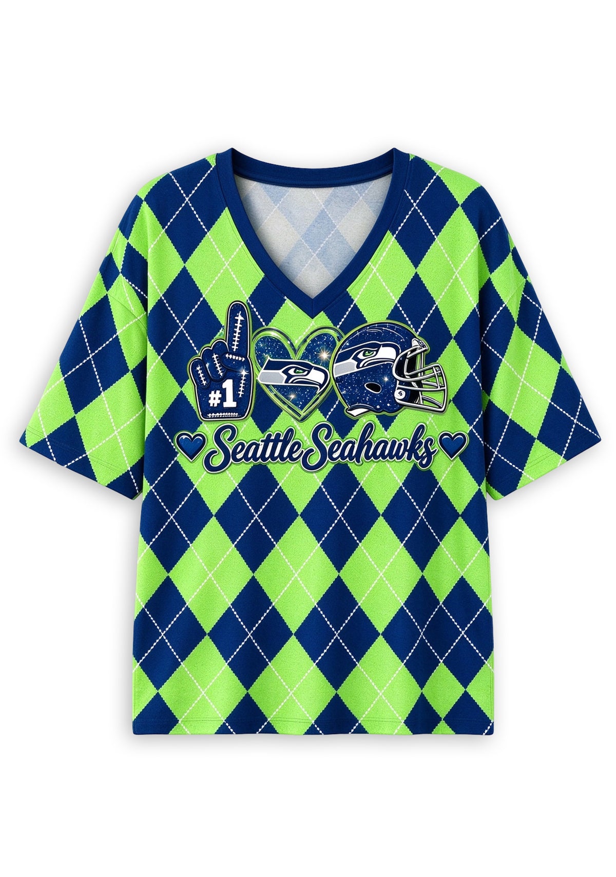 Women's Seattle Seahawks Argyle #1 Fan Heart Helmet V-Neck T-Shirt