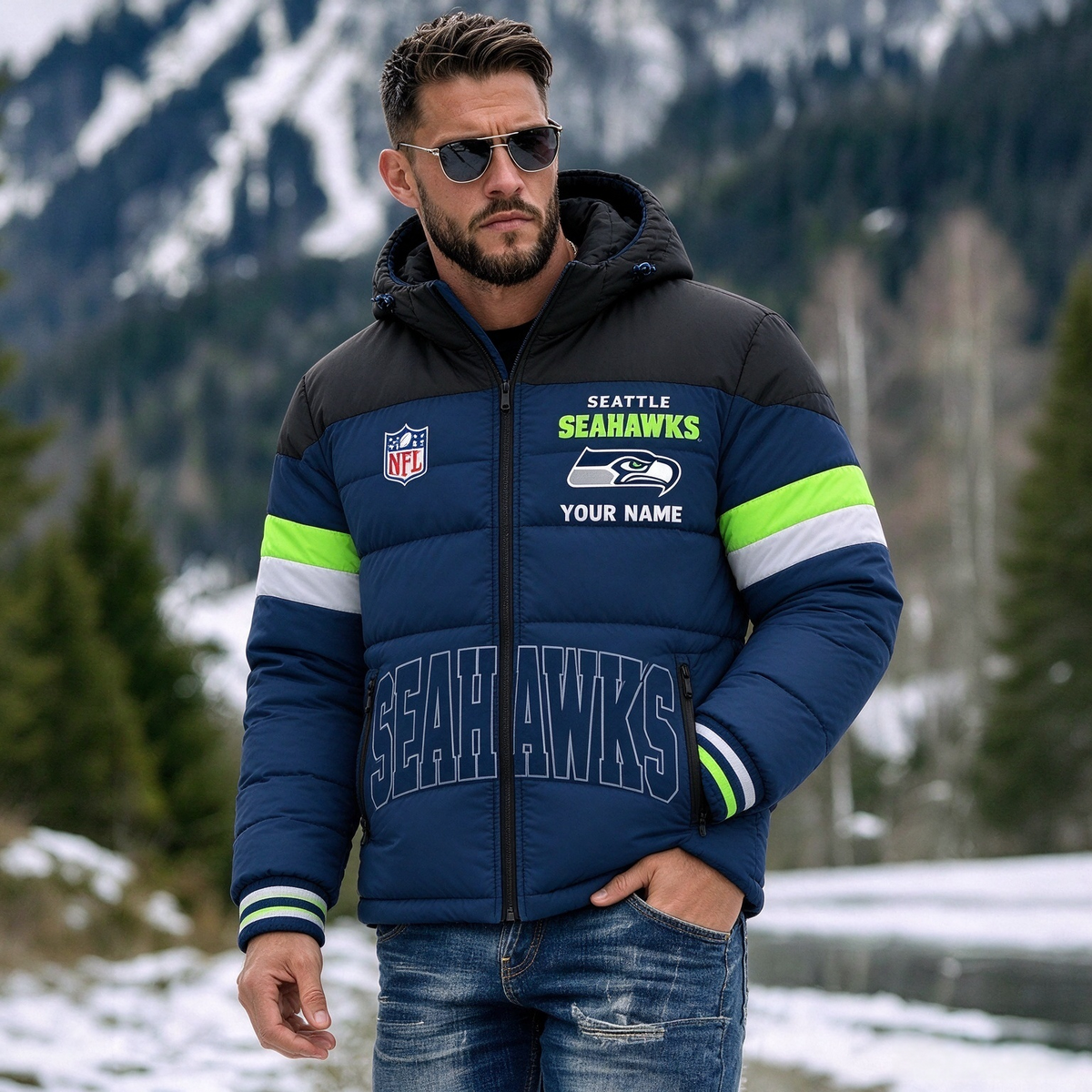 Seattle Seahawks Hooded Color Block Puffer Jacket  Custom Name Gifts For Fan Main image