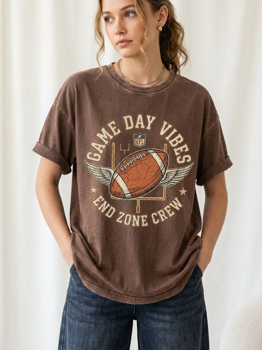 Women's Football Game Day Vibes Winged Ball Printed T-Shirt
