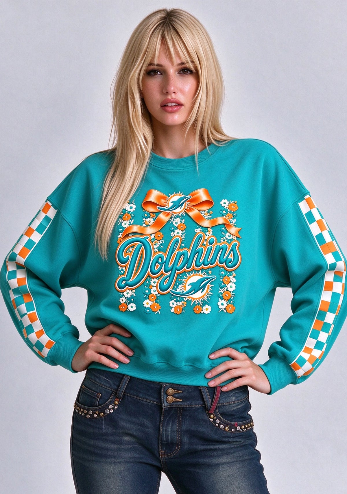 Women's Miami Dolphins Floral Bow Crewneck Sweatshirt