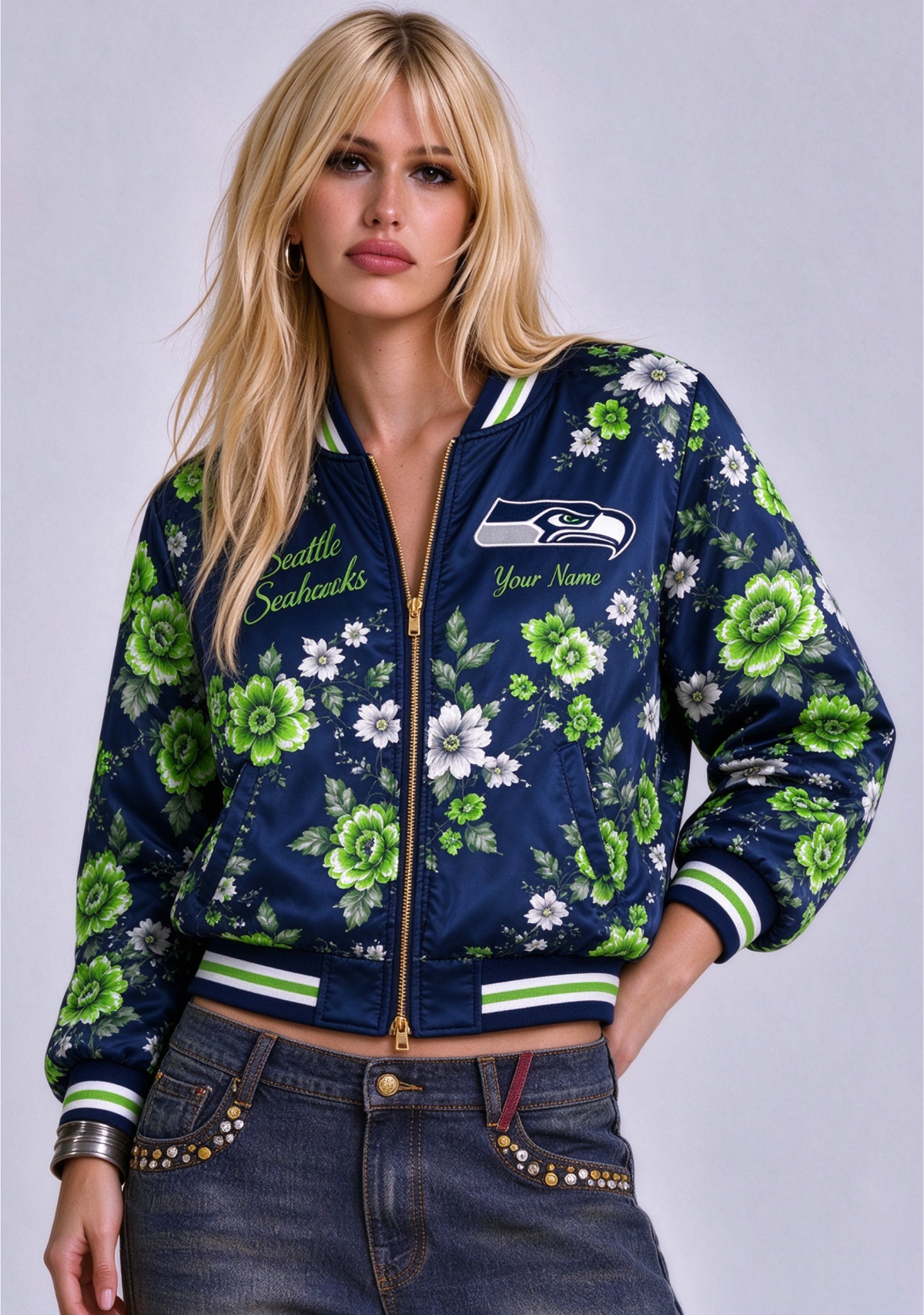 Women Seattle Seahawks Floral Print Zip Up Jacket Custom Name For Fan Main image