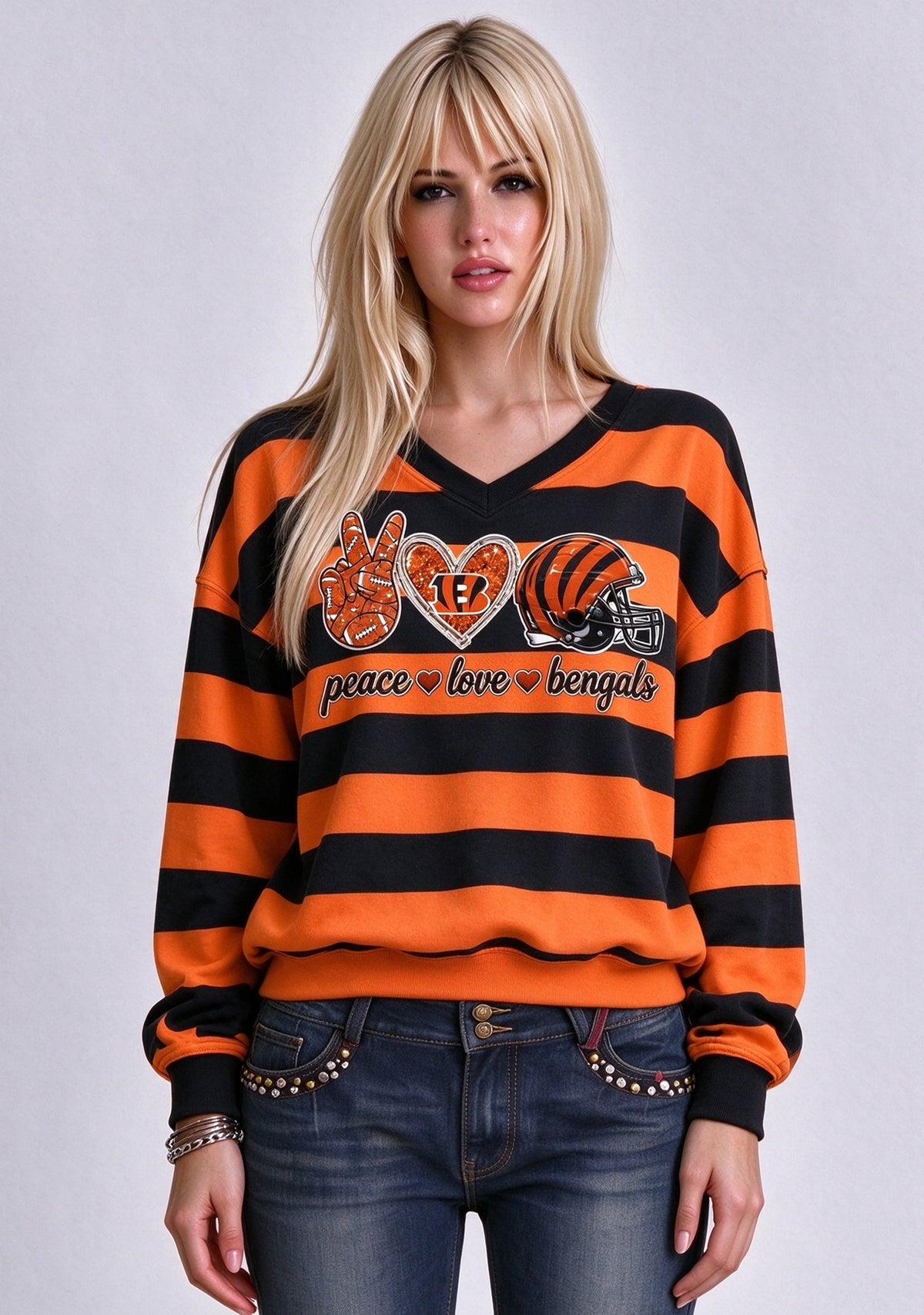 Women's Peace Love Cincinnati Bengals Striped Crewneck Sweatshirt