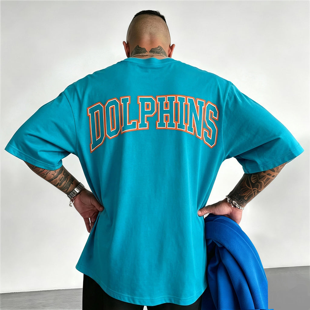 Sun‑Dolphin Emblem Dual‑Tone Letter Printed T-Shirt