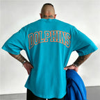Sun‑Dolphin Emblem Dual‑Tone Letter Printed T-Shirt