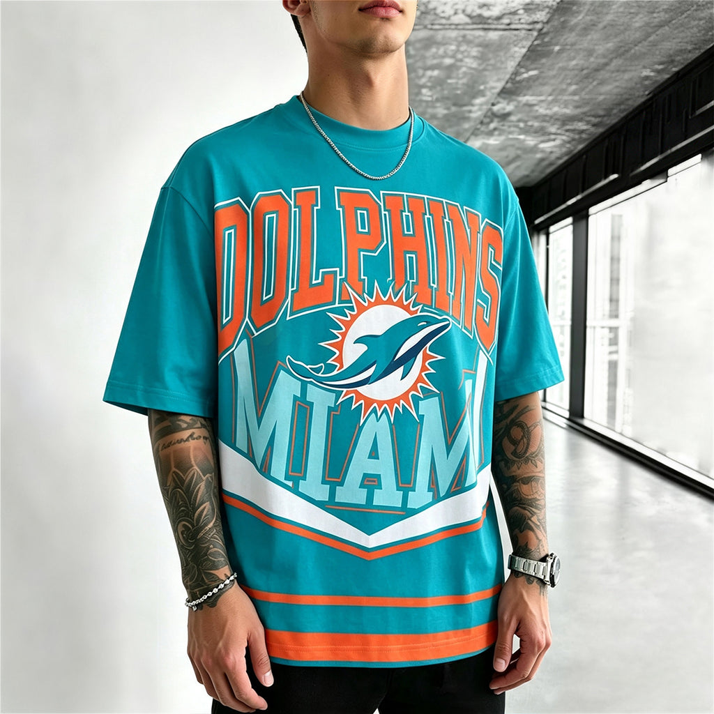 Sun‑Dolphin Emblem Dual‑Tone Letter Printed T-Shirt