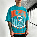 Sun‑Dolphin Emblem Dual‑Tone Letter Printed T-Shirt