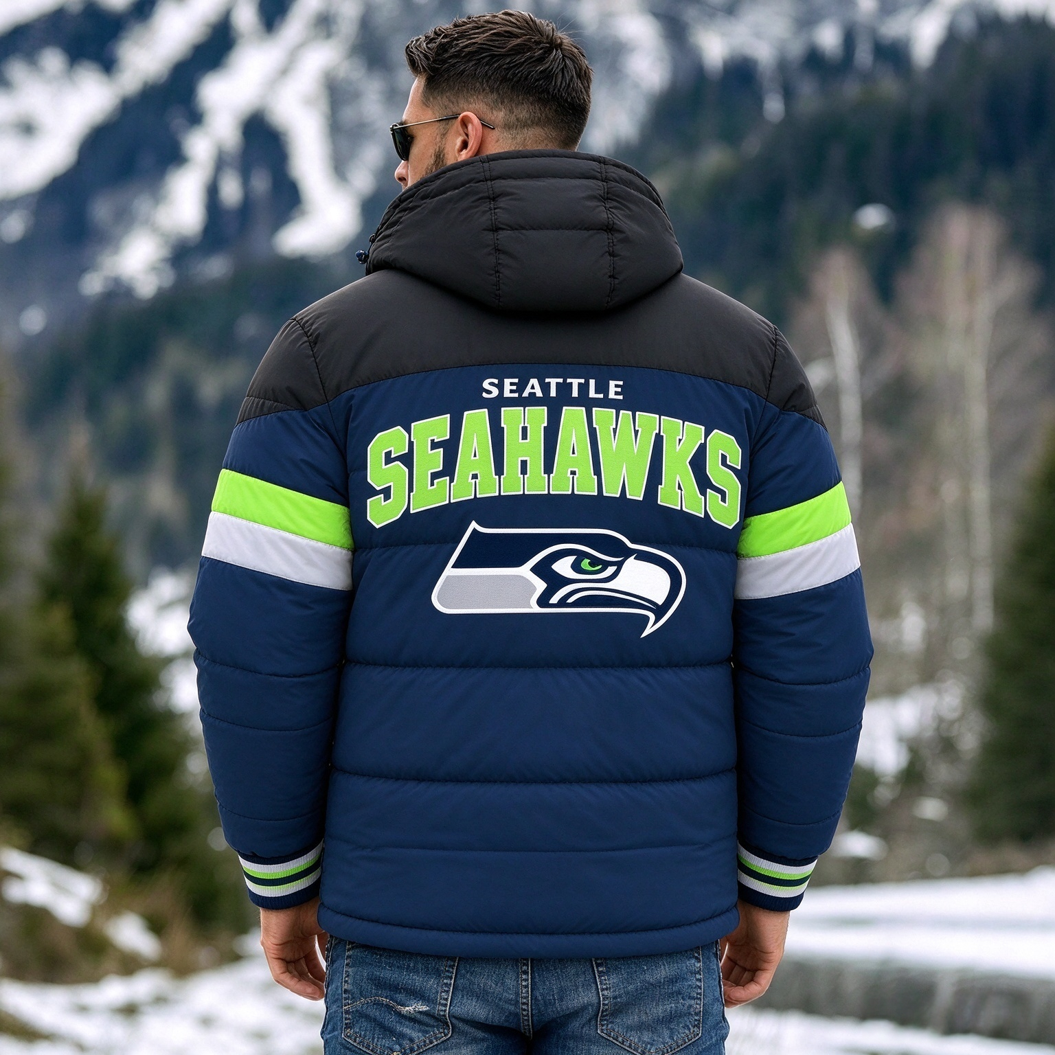 Seattle Seahawks Hooded Color Block Puffer Jacket  Custom Name Gifts For Fan Secondary image