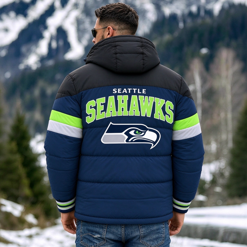 Seattle Seahawks Hooded Color Block Puffer Jacket  Custom Name Gifts For Fan