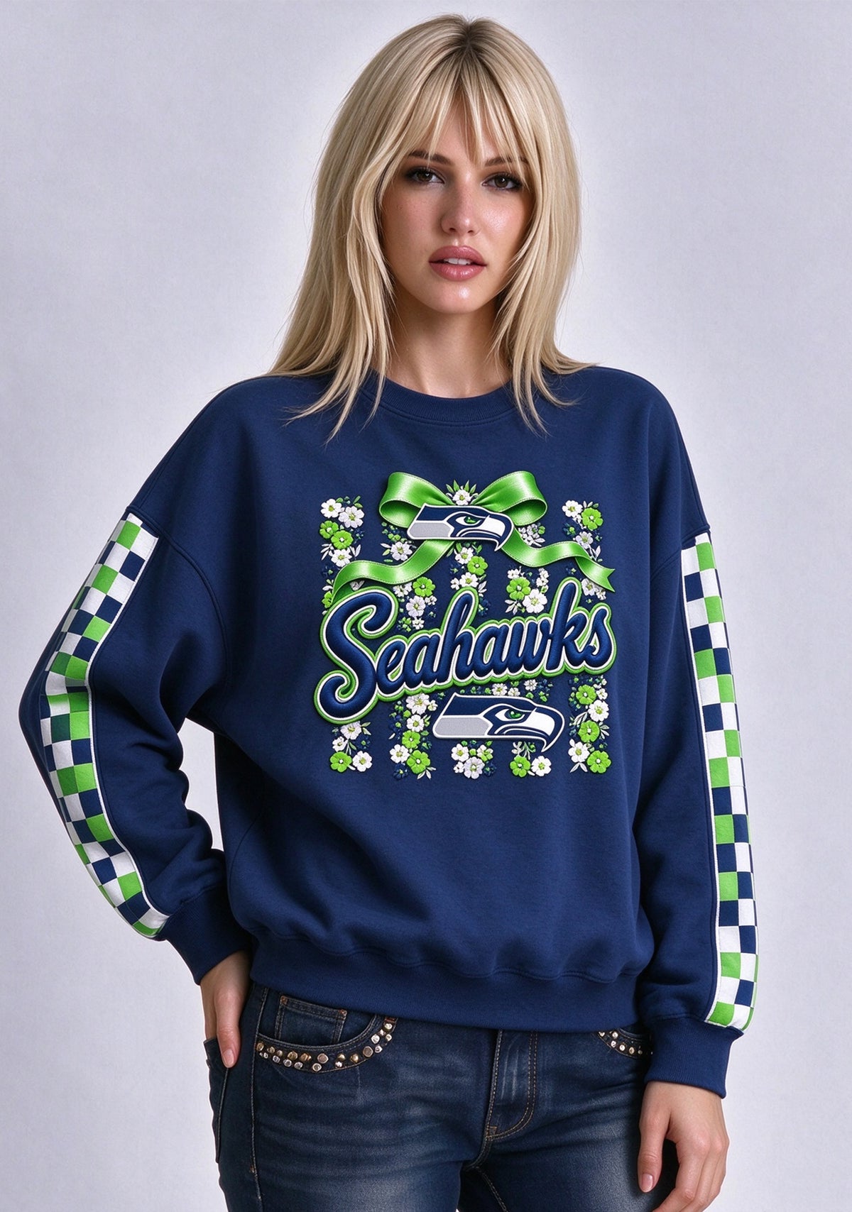 Women's Seattle Seahawks Floral Bow Crewneck Sweatshirt