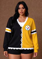 Women's Pittsburgh Steelers Color Block Scalloped Trim V-Neck Button Cardigan