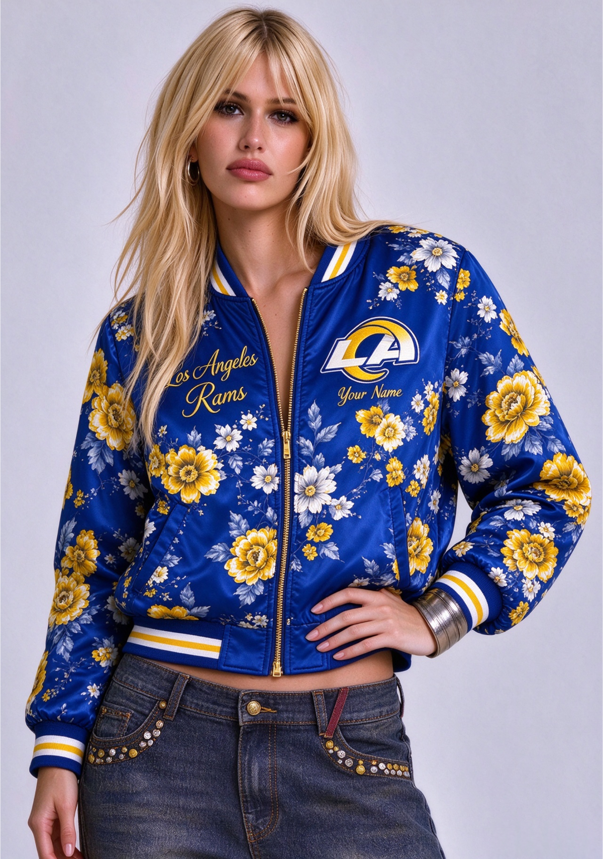 Women Los Angeles Rams Floral Print Zip Up Jacket Custom Name For Fan