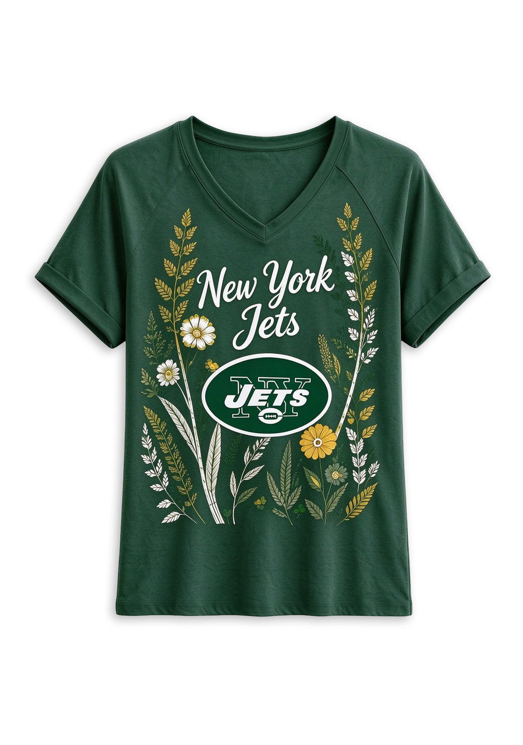 Women's New York Jets Wildflower Graphic V-Neck Raglan Rolled T-Shirt