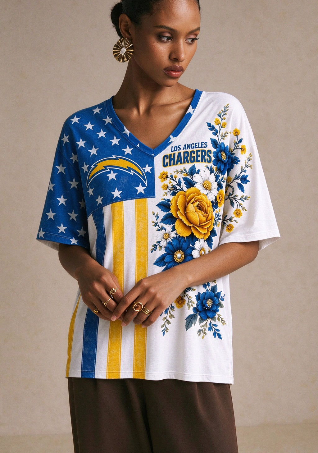 Women's Los Angeles Chargers American Flag Floral V-Neck T-Shirt