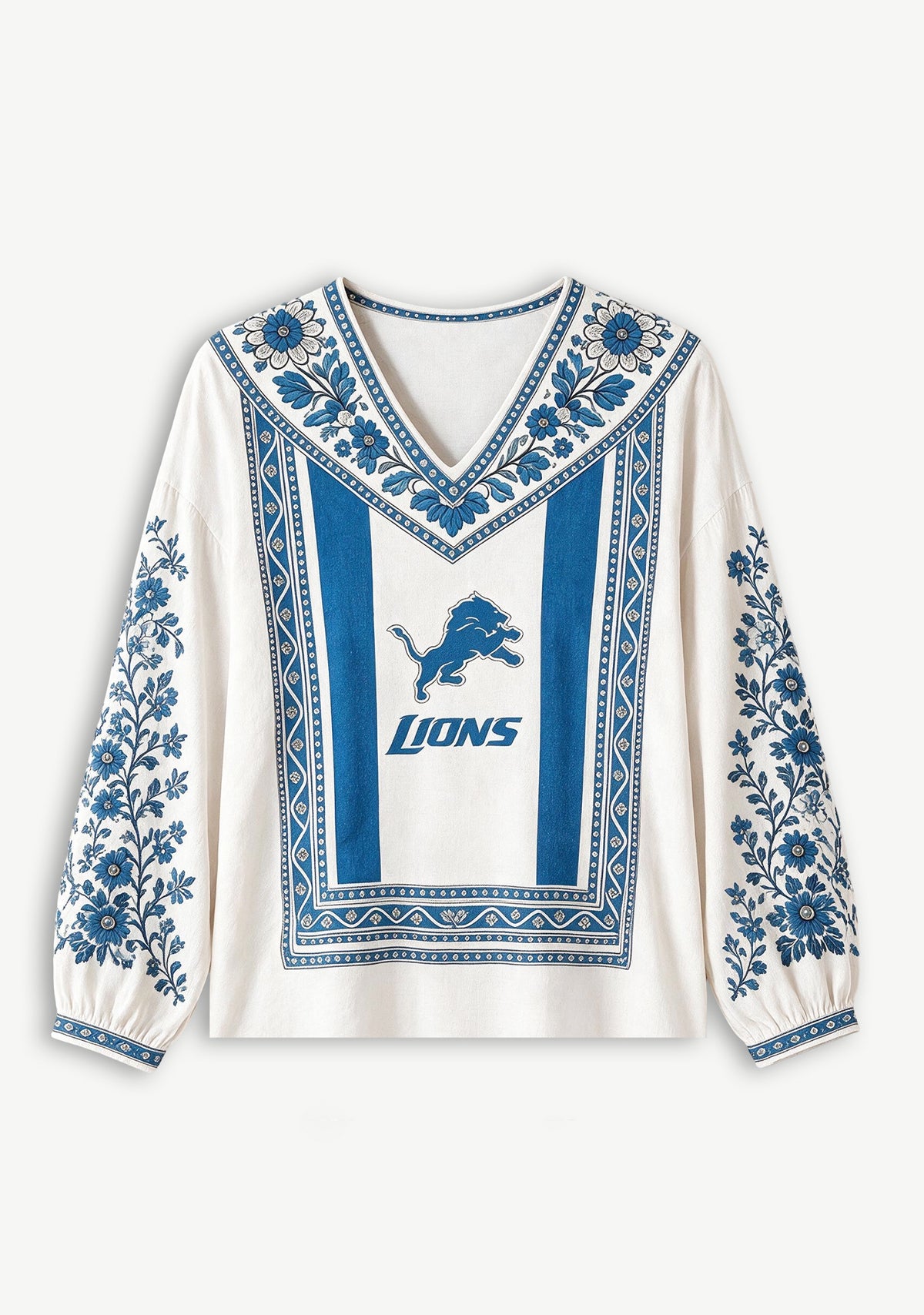 Women's Detroit Lions Boho Floral Printed V-Neck Long Sleeve Shirt