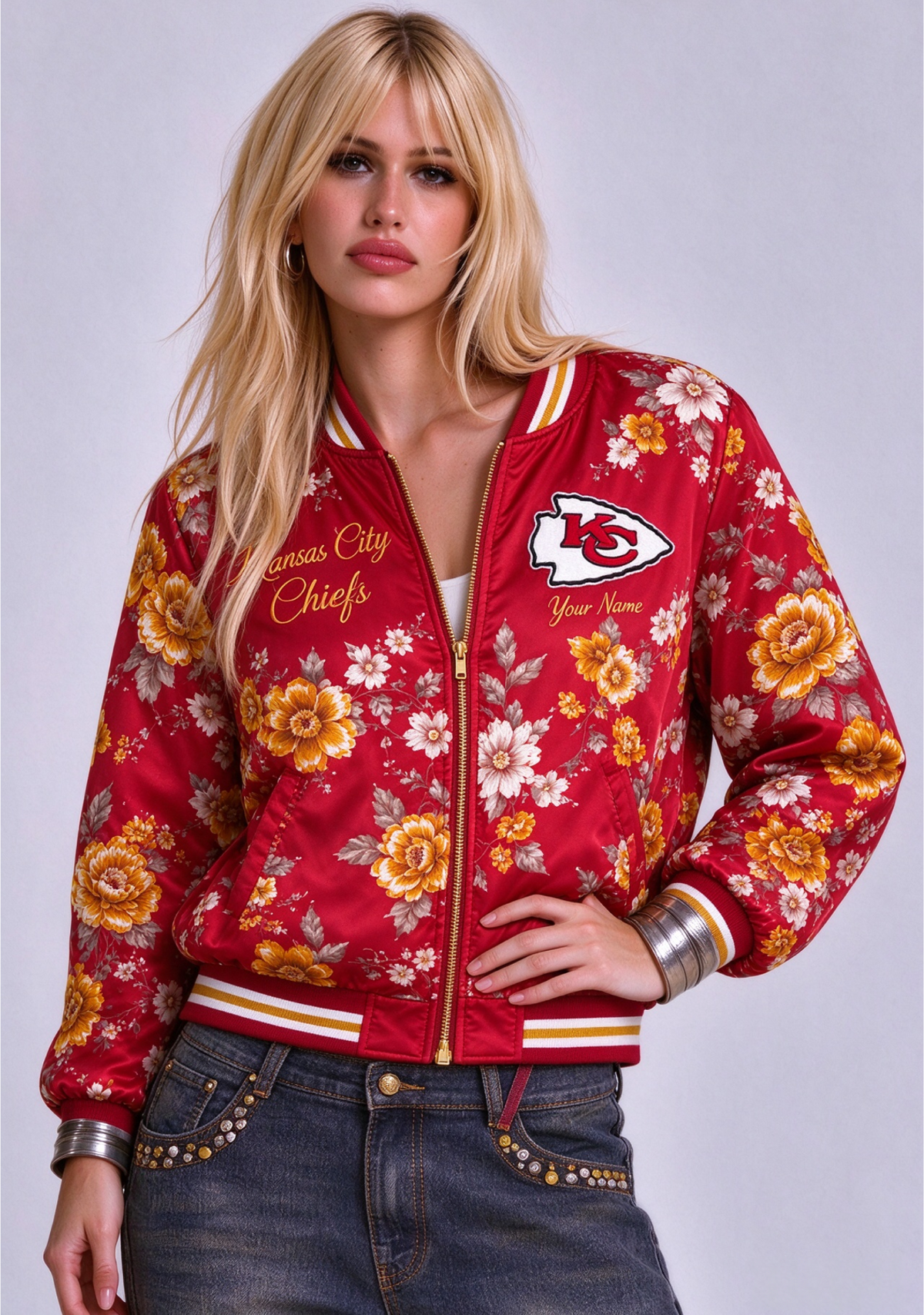 Women Kansas City Chiefs Floral Print Zip Up Jacket Custom Name For Fan