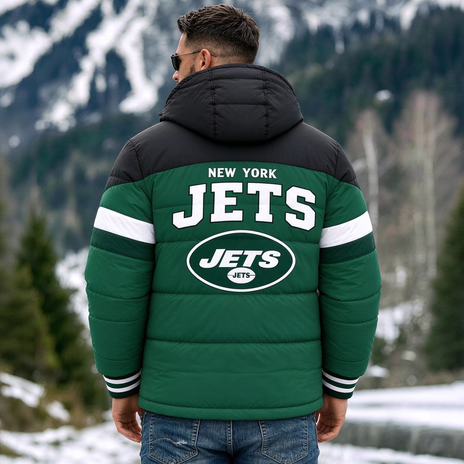 New York Jets Hooded Color Block Puffer Jacket  Custom Name Gifts For Fan Secondary image