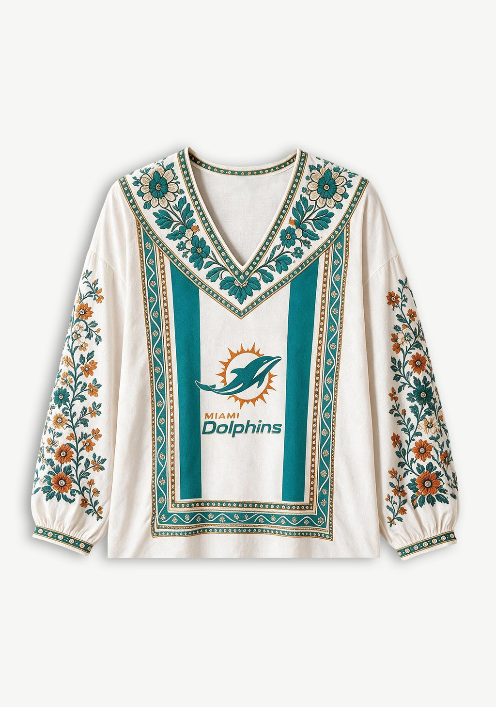 Miami Dolphins Bohemian Floral Printed V-Neck Long Sleeve Shirt