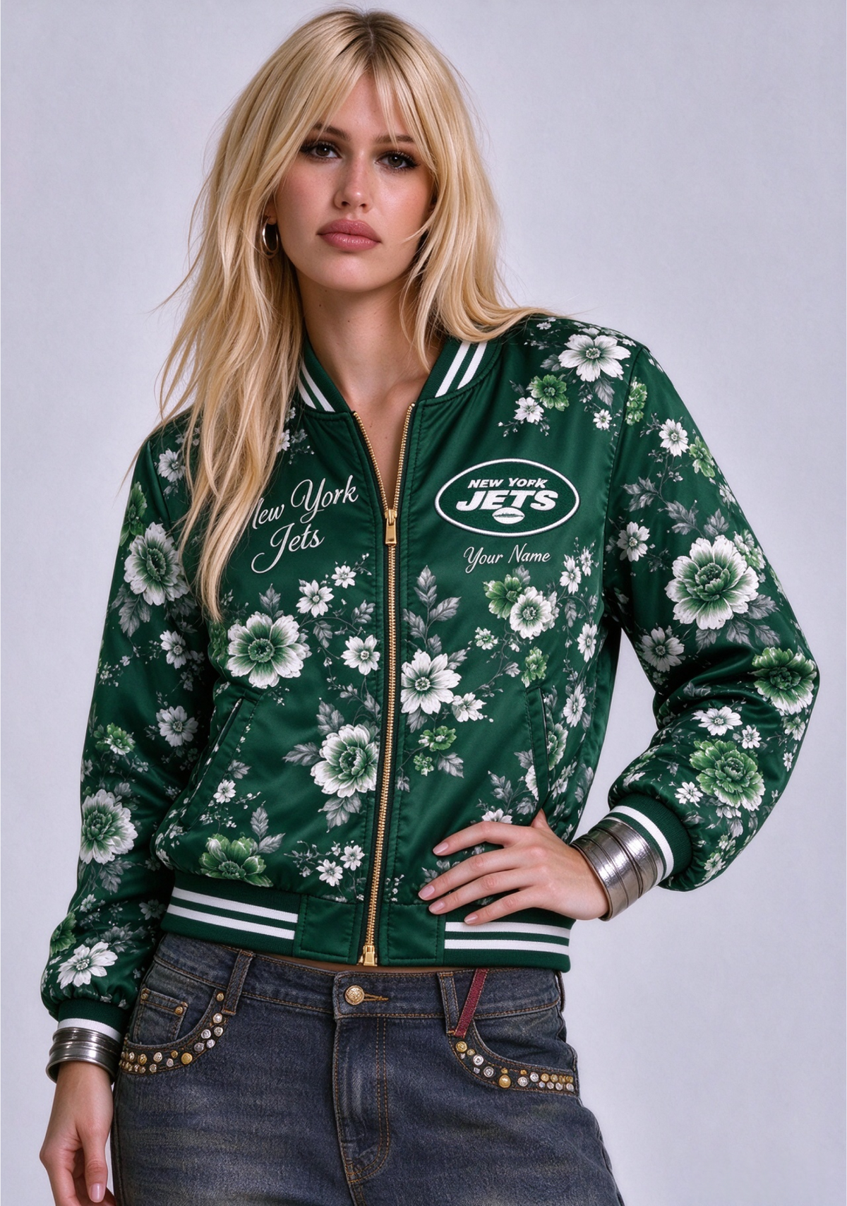 Women New York Jets Floral Print Zip Up Jacket Custom Name For Fan Main image