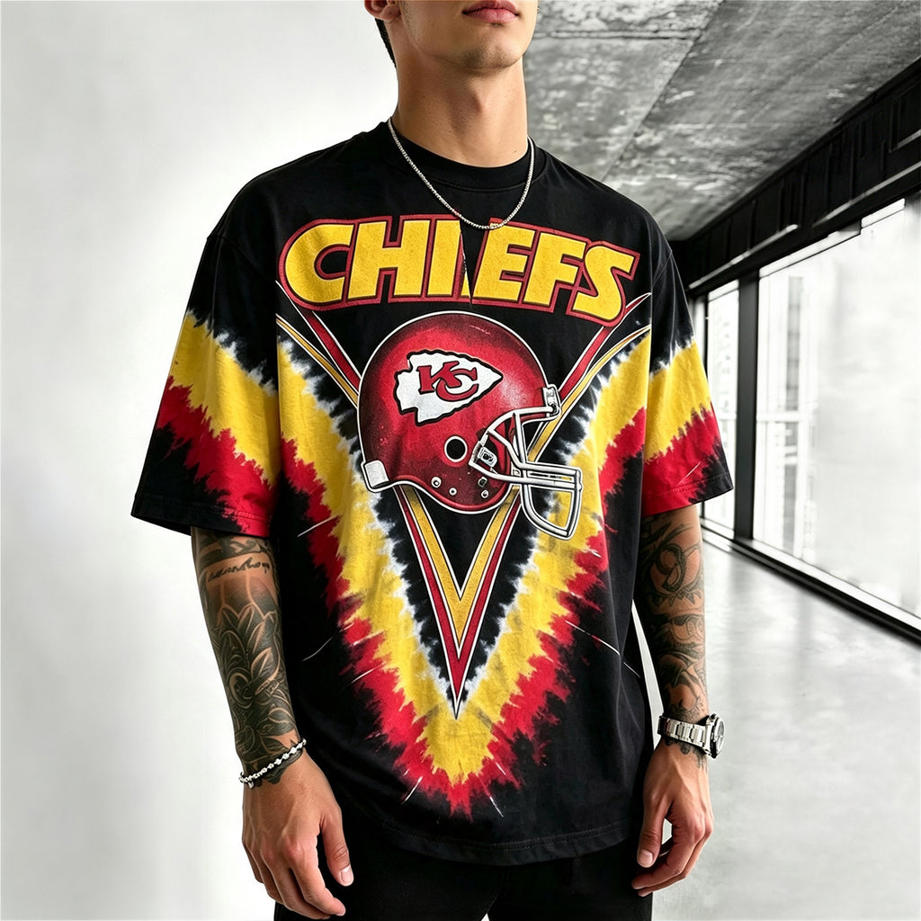 Retro KC Chiefs Helmet Logo Tie-Dye Printed T-Shirt