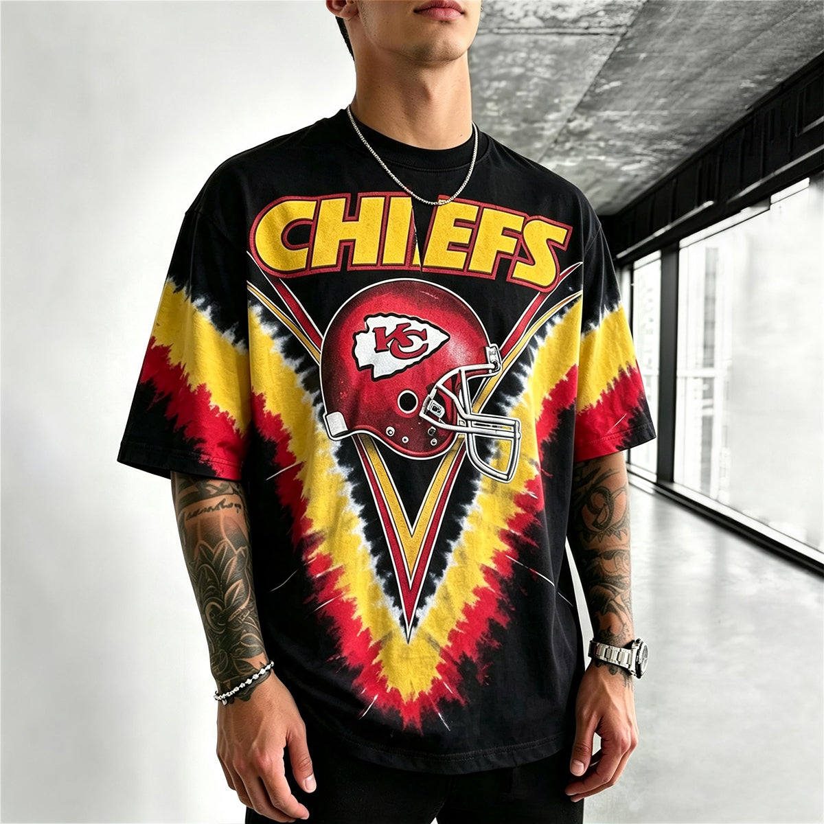 Retro KC Chiefs Helmet Logo Tie-Dye Printed T-Shirt