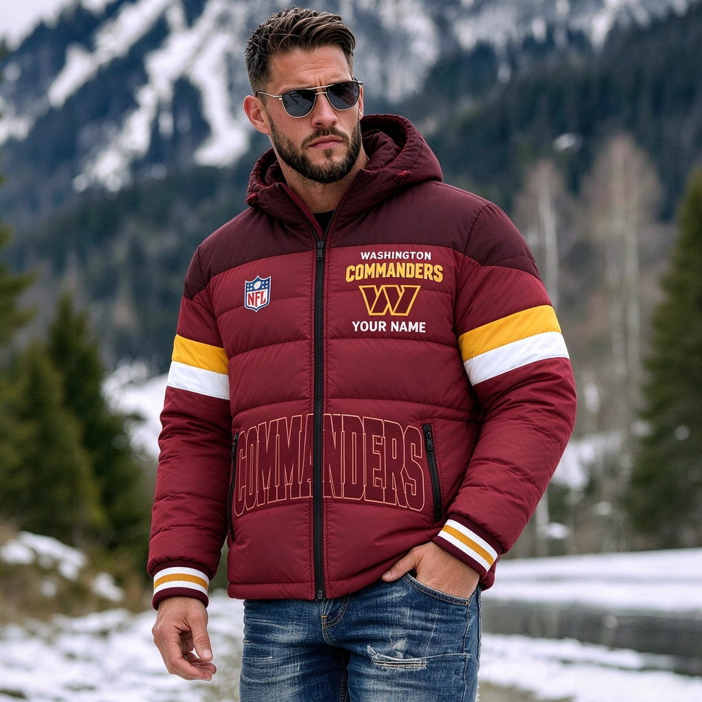 Washington Commanders Hooded Color Block Puffer Jacket  Custom Name Gifts For Fan
