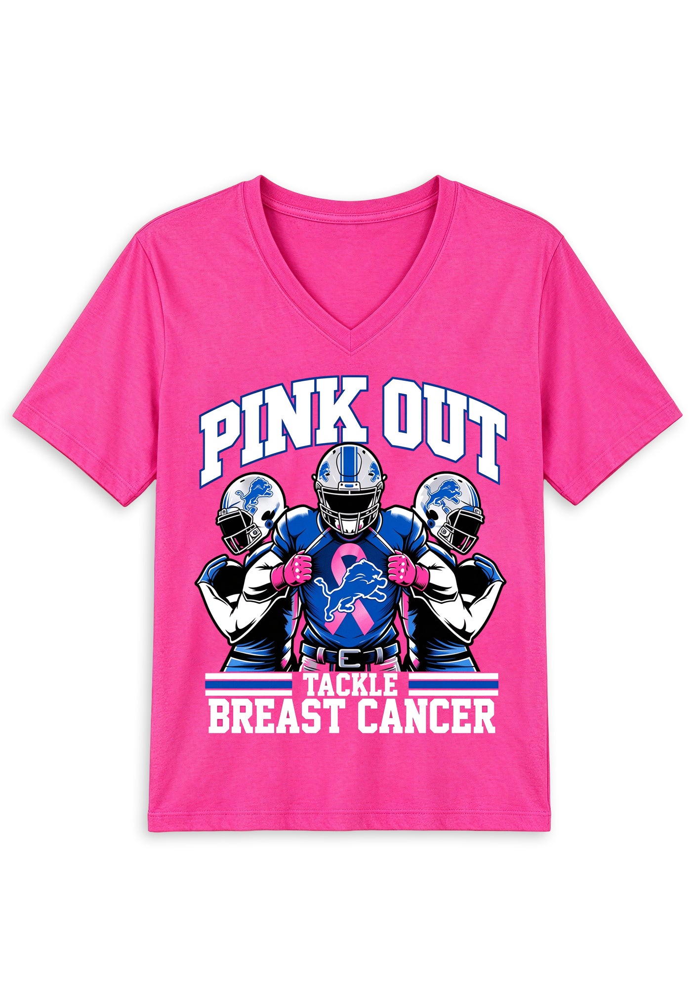 Detroit Lions Pink Out Tackle Breast Cancer Awareness V-Neck T-Shirt Secondary image