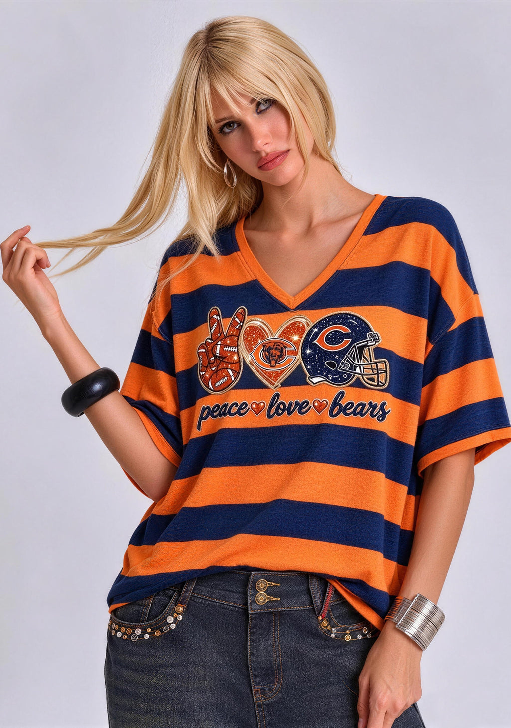 Women's Peace Love Chicago Bears Football Striped V Neck T-Shirt
