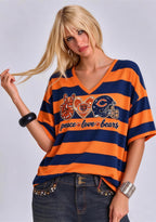 Women's Peace Love Chicago Bears Football Striped V Neck T-Shirt