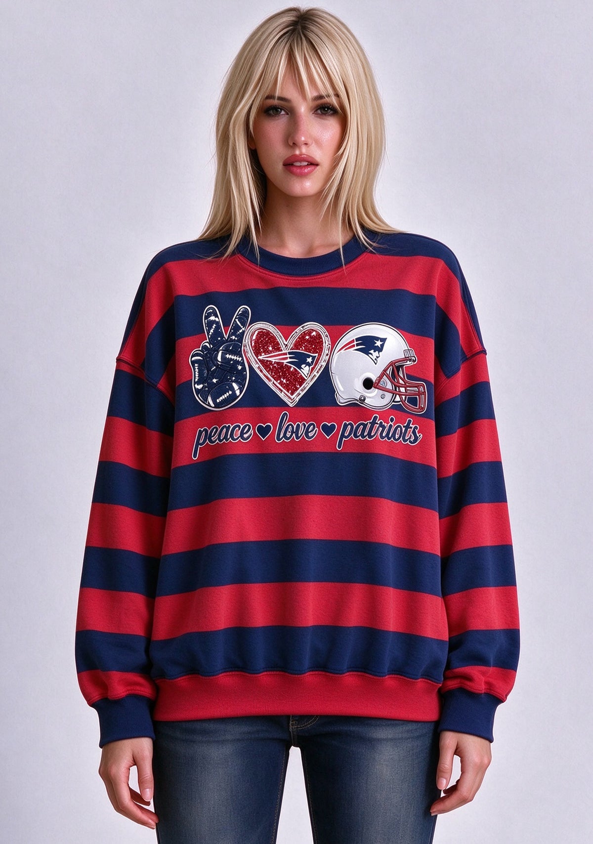Women's Peace Love New England Patriots Striped Crewneck Sweatshirt