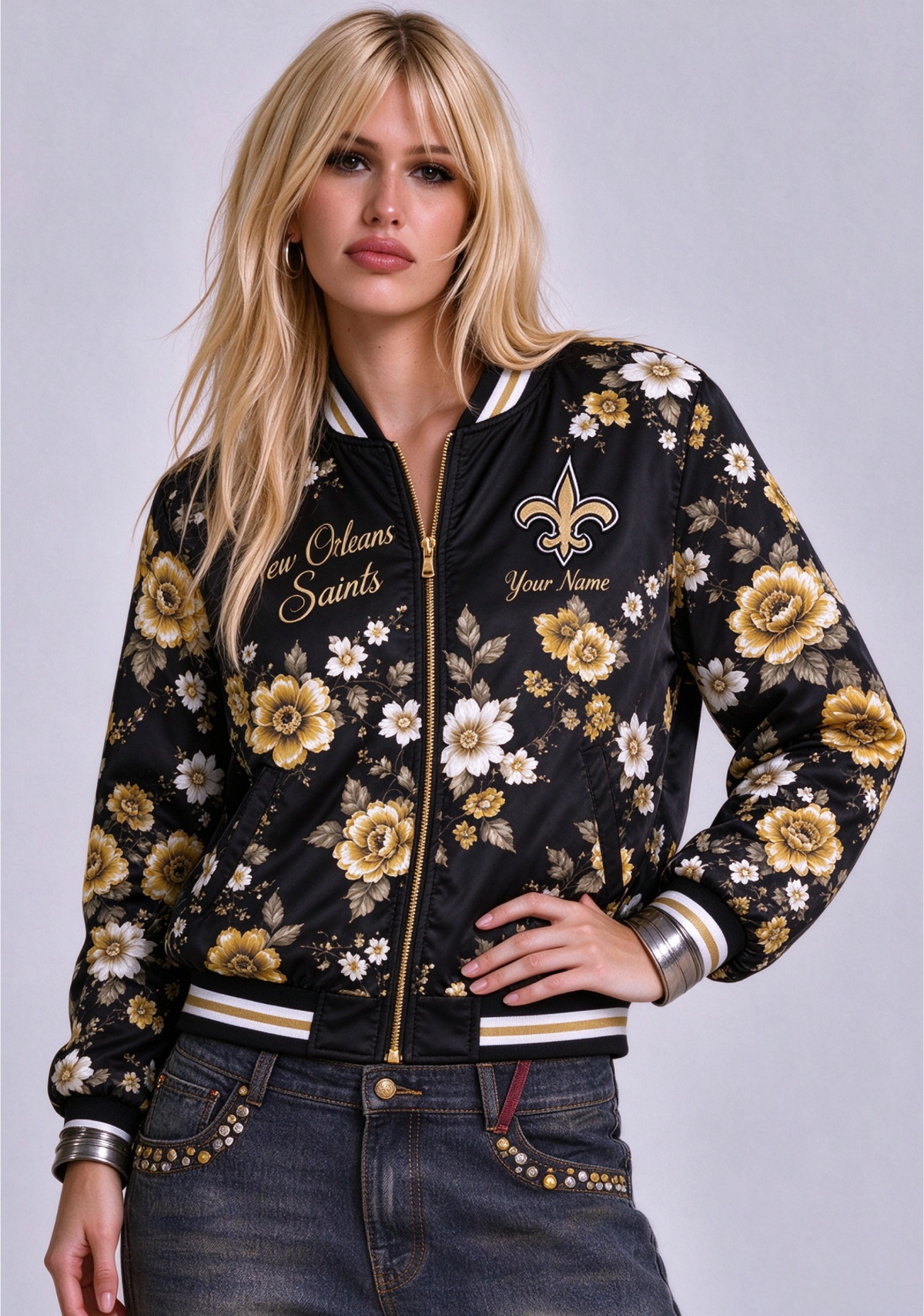 Women New Orleans Saints Floral Print Zip Up Jacket Custom Name For Fan Main image