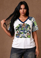 Women's Seattle Seahawks Patchwork Sleeve V-Neck Raglan T-Shirt