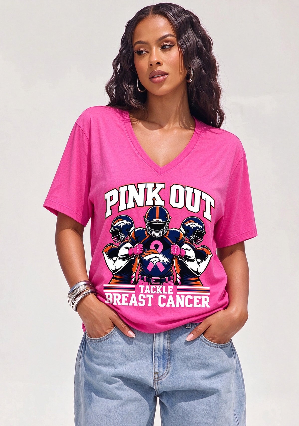 Denver Broncos Pink Out Tackle Breast Cancer Awareness V-Neck T-Shirt Main image