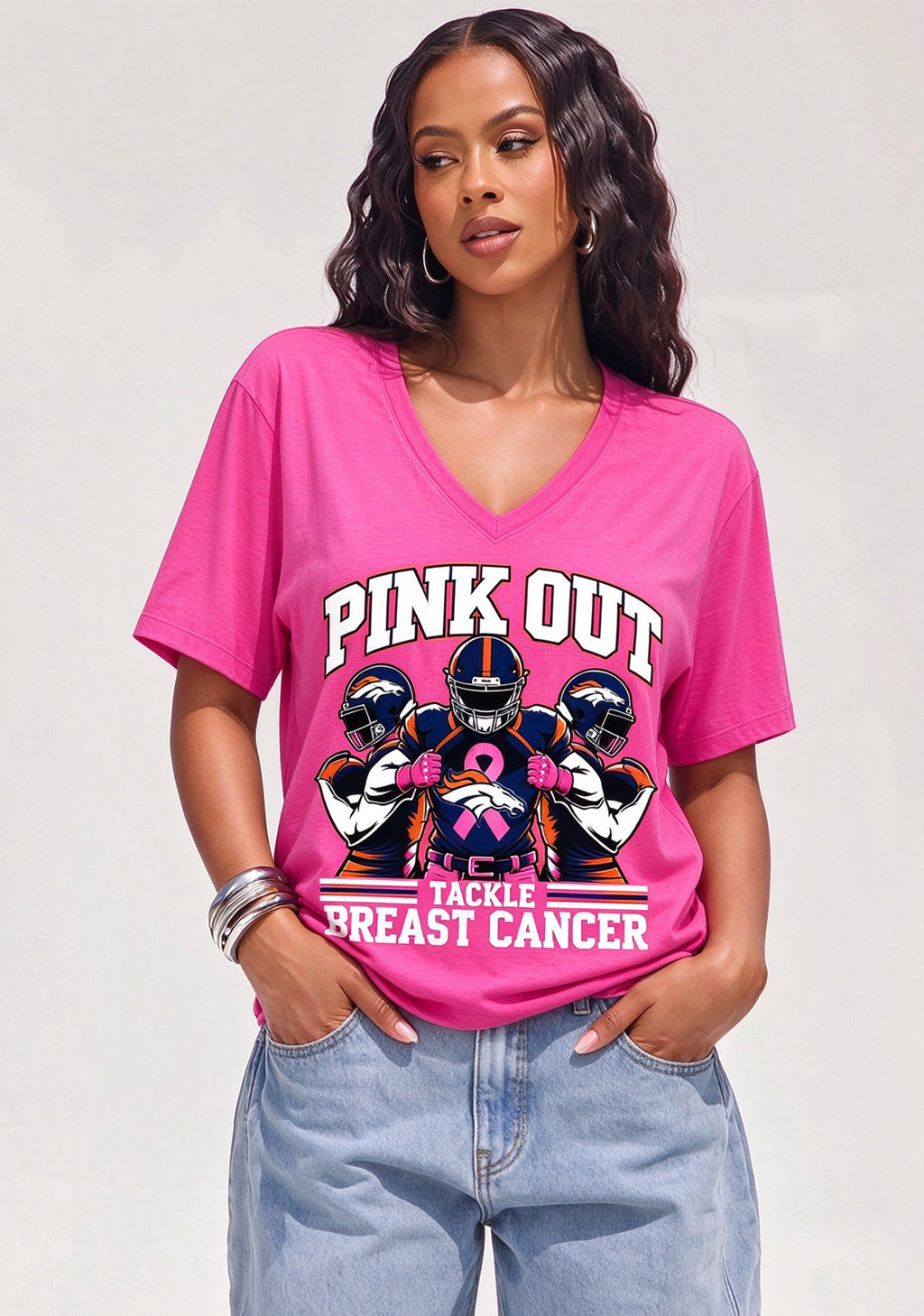 Denver Broncos Pink Out Tackle Breast Cancer Awareness V-Neck T-Shirt