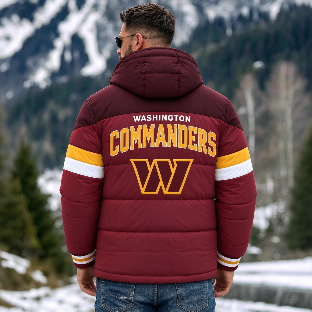 Washington Commanders Hooded Color Block Puffer Jacket  Custom Name Gifts For Fan