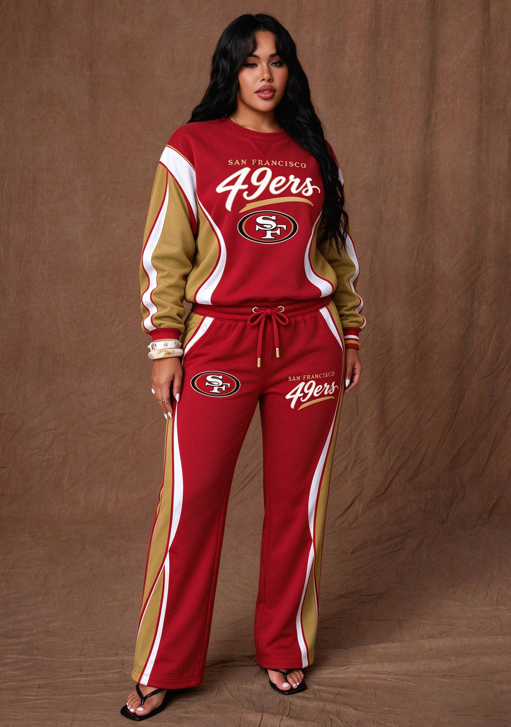 Women's San Francisco 49ers Crewneck Sweatshirt & Flared Pants 2 Piece Set