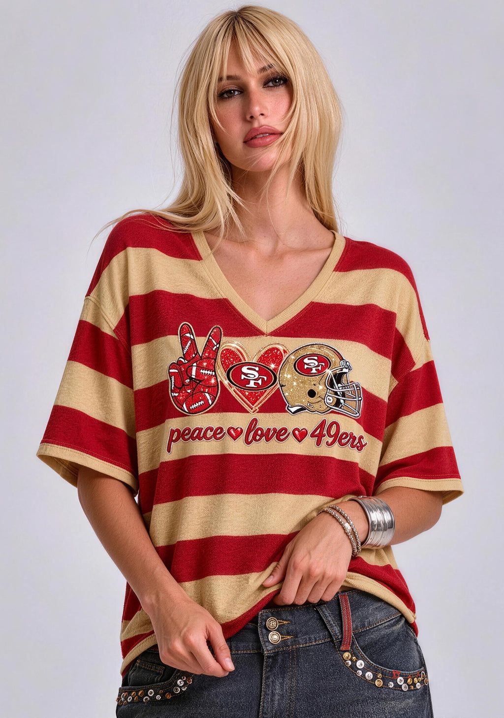 Women's Peace Love San Francisco 49ers Football Striped V Neck T-Shirt