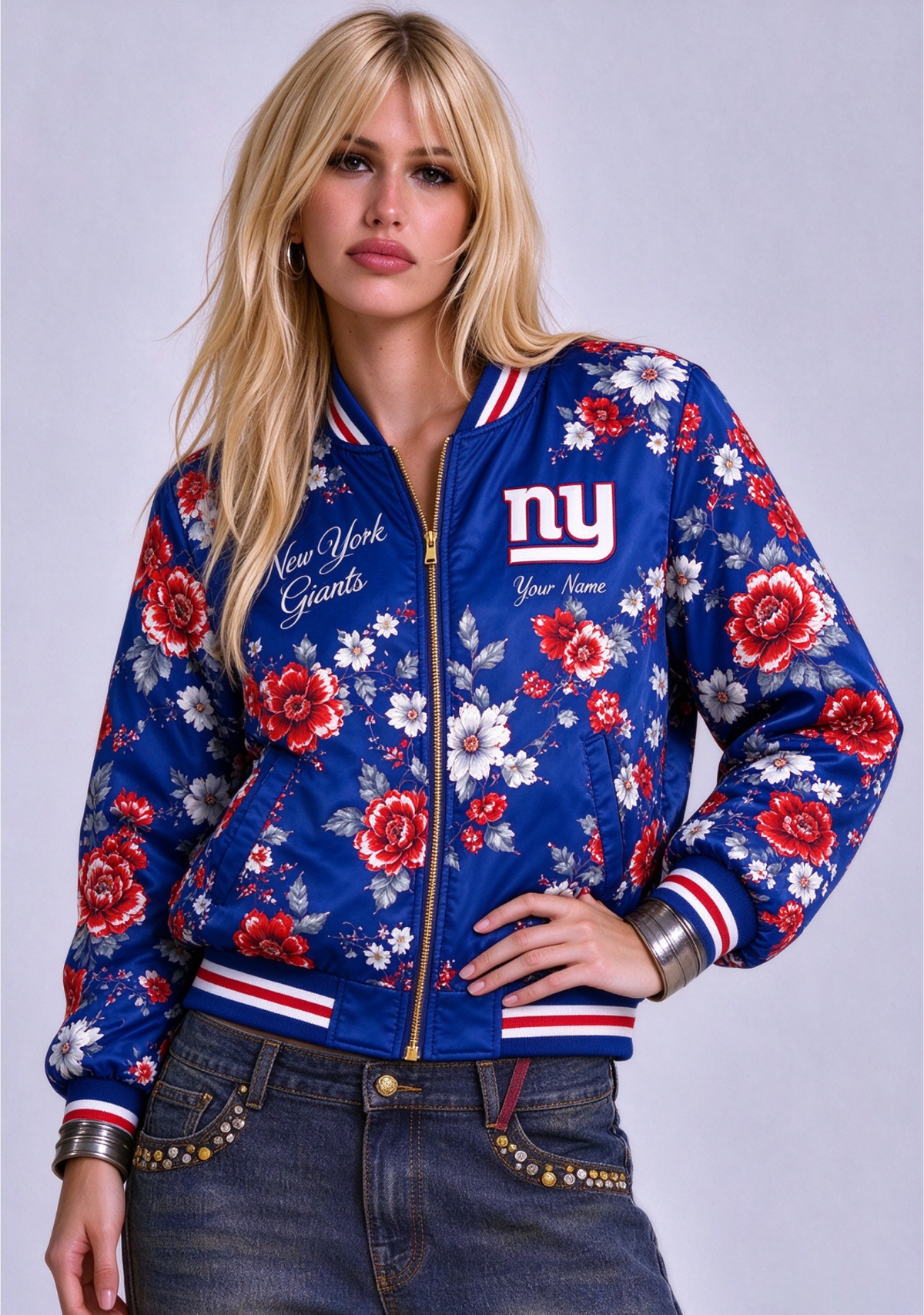Women New York Giants Floral Print Zip Up Jacket Custom Name For Fan Main image