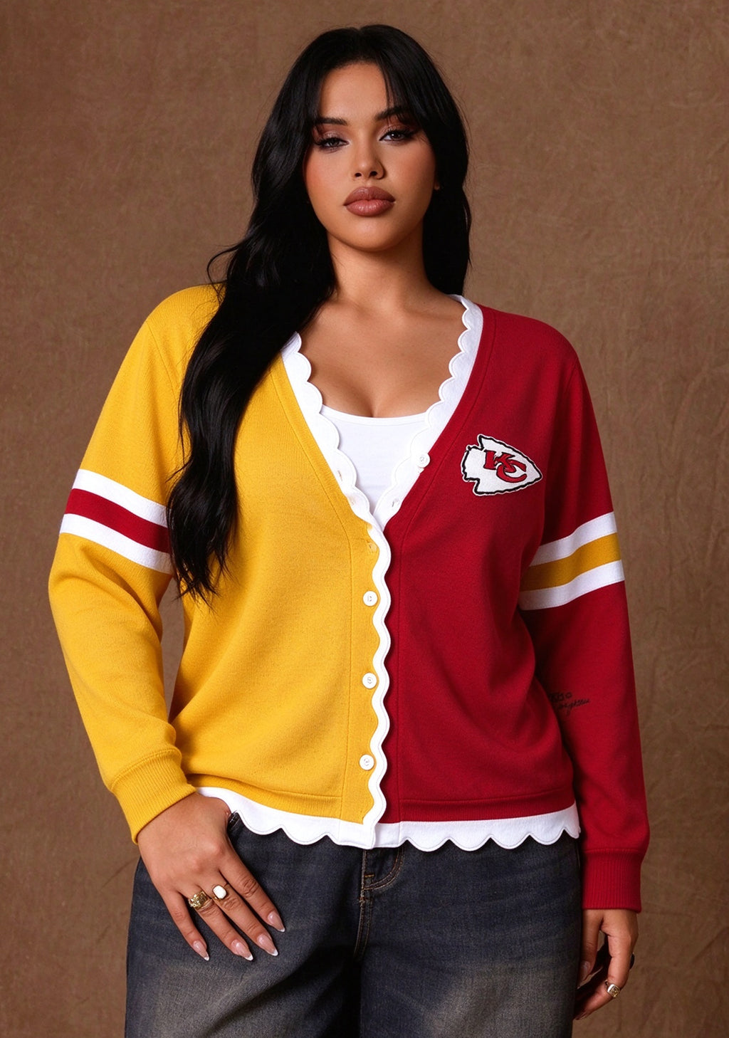 Women's Kansas City Chiefs Color Block Scalloped Trim V-Neck Button Cardigan
