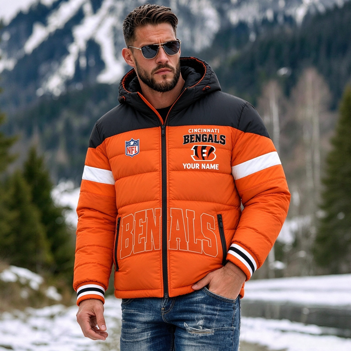 Cincinnati Bengals Hooded Color Block Puffer Jacket  Custom Name Gifts For Fan Main image