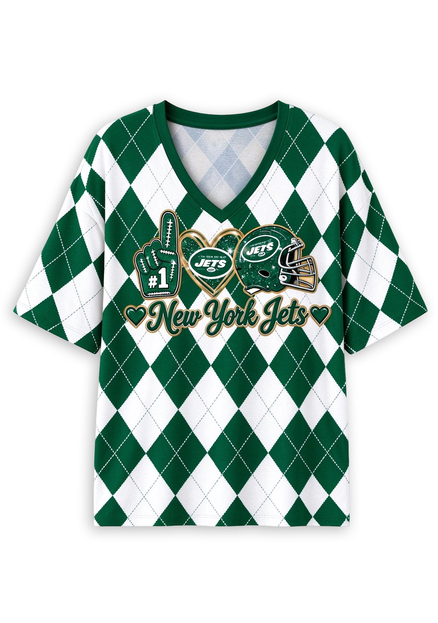 Women's New York Jets Argyle #1 Fan Heart Helmet V-Neck T-Shirt Secondary image