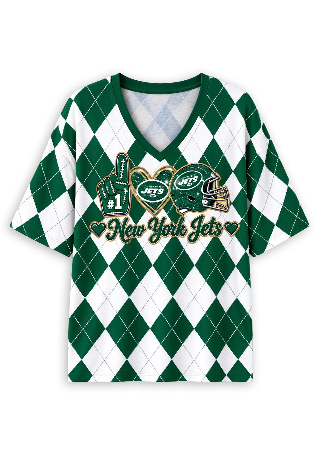 Women's New York Jets Argyle #1 Fan Heart Helmet V-Neck T-Shirt