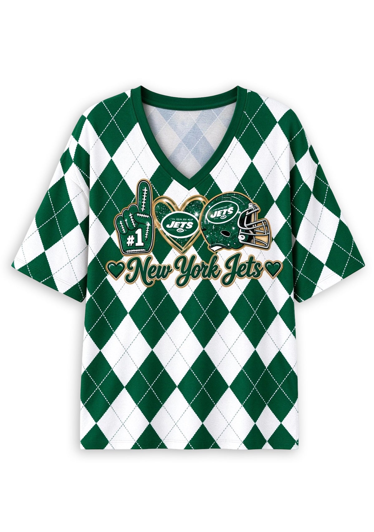 Women's New York Jets Argyle #1 Fan Heart Helmet V-Neck T-Shirt