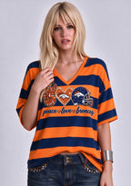 Women's Peace Love Denver Broncos Football Striped V Neck T-Shirt
