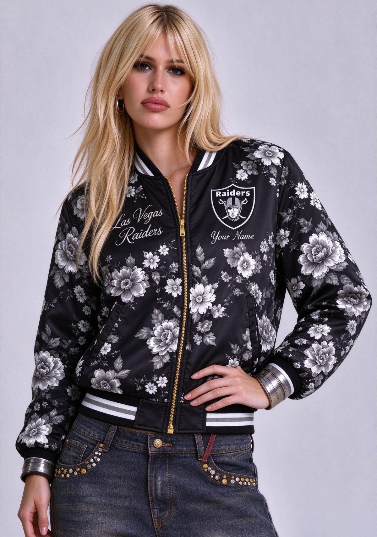 Women Las Vegas Raiders Floral Print Zip Up Jacket Custom Name For Fan Main image